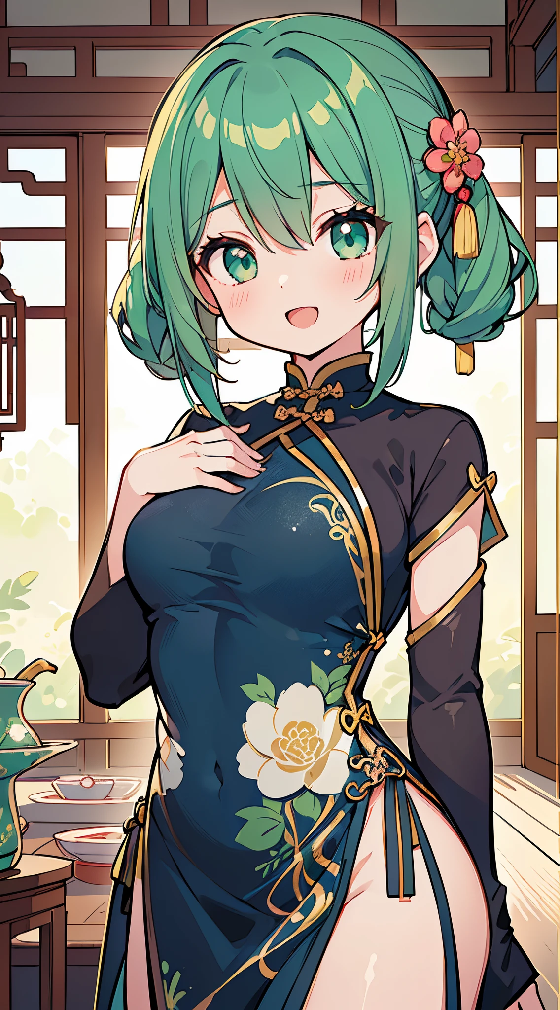 ((A Pretty girl wearing china dress:1.2))、Loli face、((master piece、top-quality、ultra-definition、high resolution))、anime girl、((ultra-detailed illust:1.2))、only one person、bangs、hair between eye、green colored hair、beautiful hair、random colored eyes、Beautiful eyes、medium breasts、Big smile、opened mouth、in the china restaurant