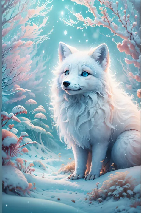 (Best quality at best, 8K, A high resolution, tmasterpiece:1.2), ultra - detailed, (actual, realistically, realistically:1.37), Vibrant colors, magical ambiance, Whimsical, ((1 cute arctic snow fox, Roll and play in the extremely beautiful snow，It's snowin...