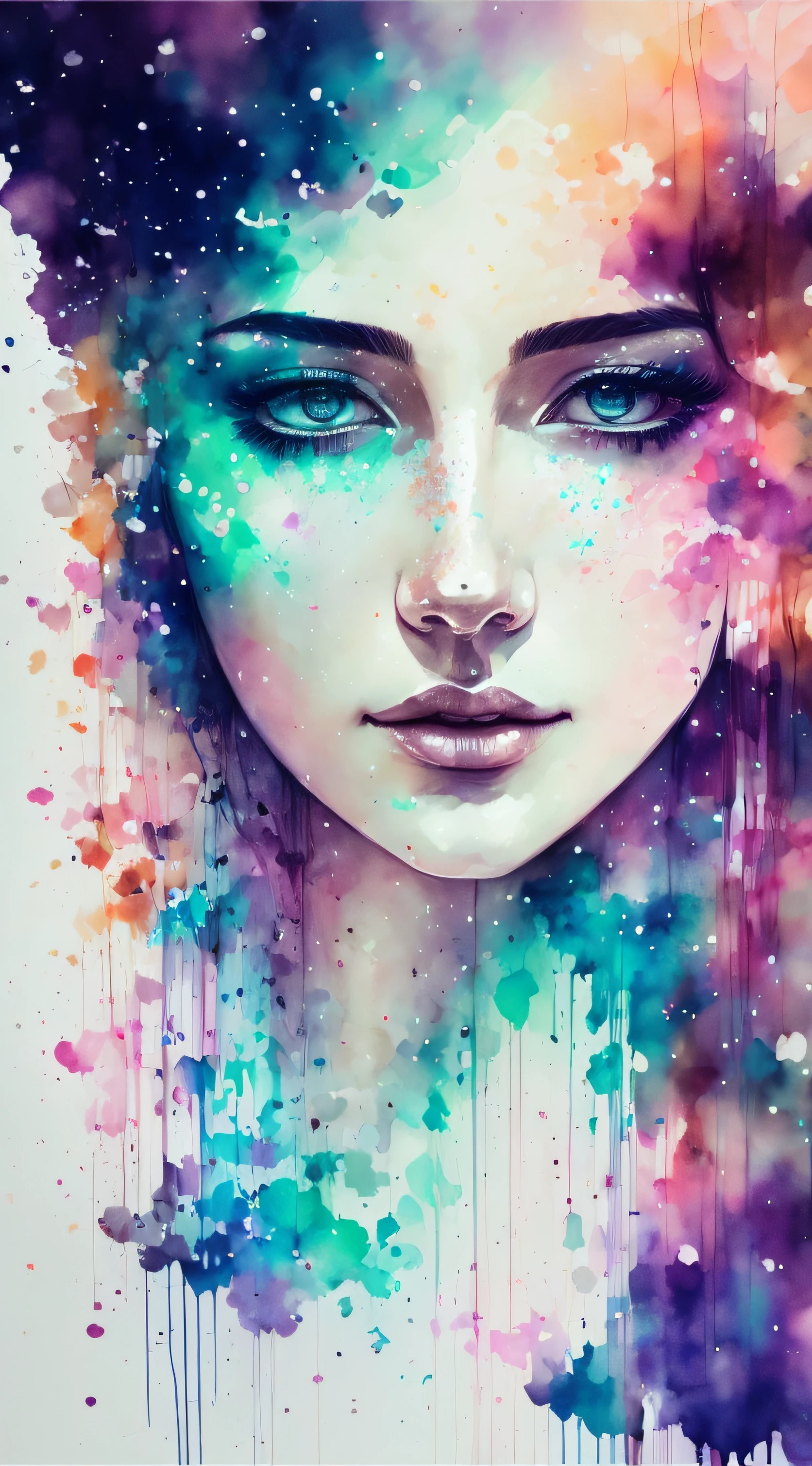 mujer con agnes cecile, diseño brillante, colores pasteles, gotas de tinta, luces de otoño