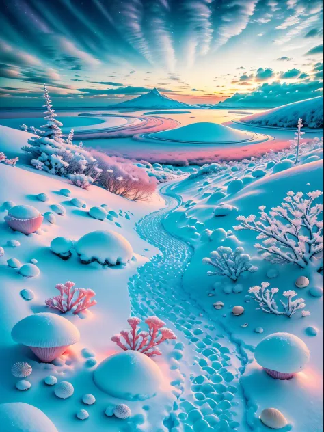 exquisite scenes，depth of fields，8k，the ivory sky，white clouds，night light shines on the white snow。snow white coral sea，there a...