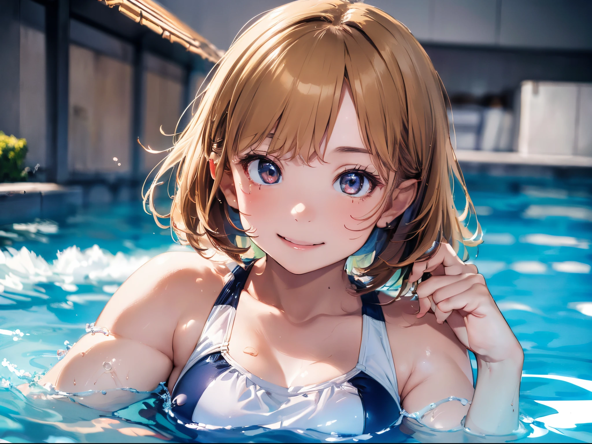 (Best Picture Quality, 4K, High Quality, Masterpiece:1.2), ((Masterpiece)), High Detail, High Quality, (HDR,16k, RAW Beautiful Girl Portrait, Best Picture Quality, Masterpiece:1.2), (Ultra-Definition Illustration), extremely cute, round face, (Petite girl:1.1), smile, poolside, (blond wavy short hair:1.1), swimsuit, armpits