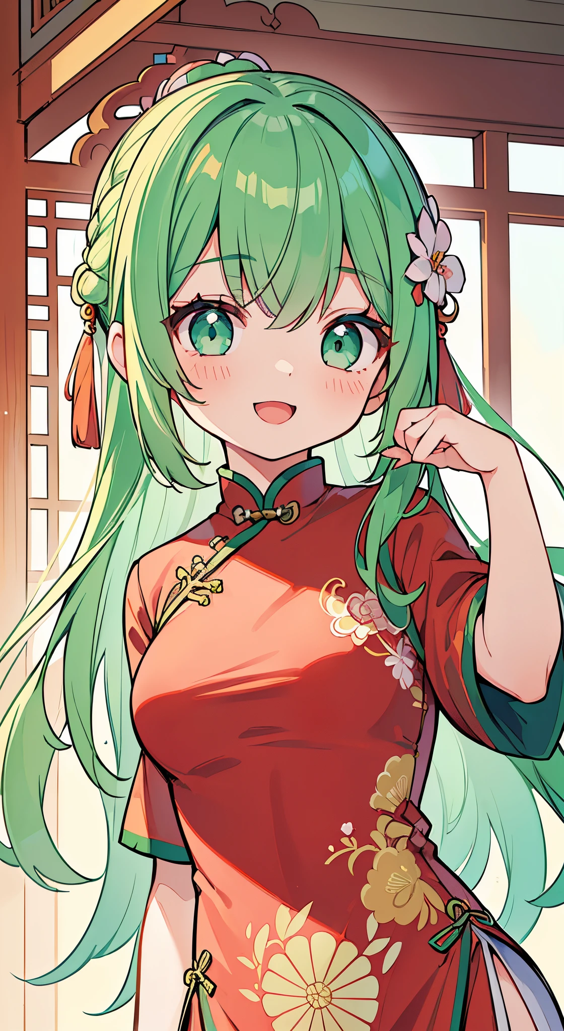 ((A Pretty girl wearing china dress:1.2))、Loli face、((master piece、top-quality、ultra-definition、high resolution))、anime girl、((ultra-detailed illust:1.2))、only one person、bangs、hair between eye、green colored hair、beautiful hair、random colored eyes、Beautiful eyes、medium breasts、Big smile、opened mouth、in the china restaurant