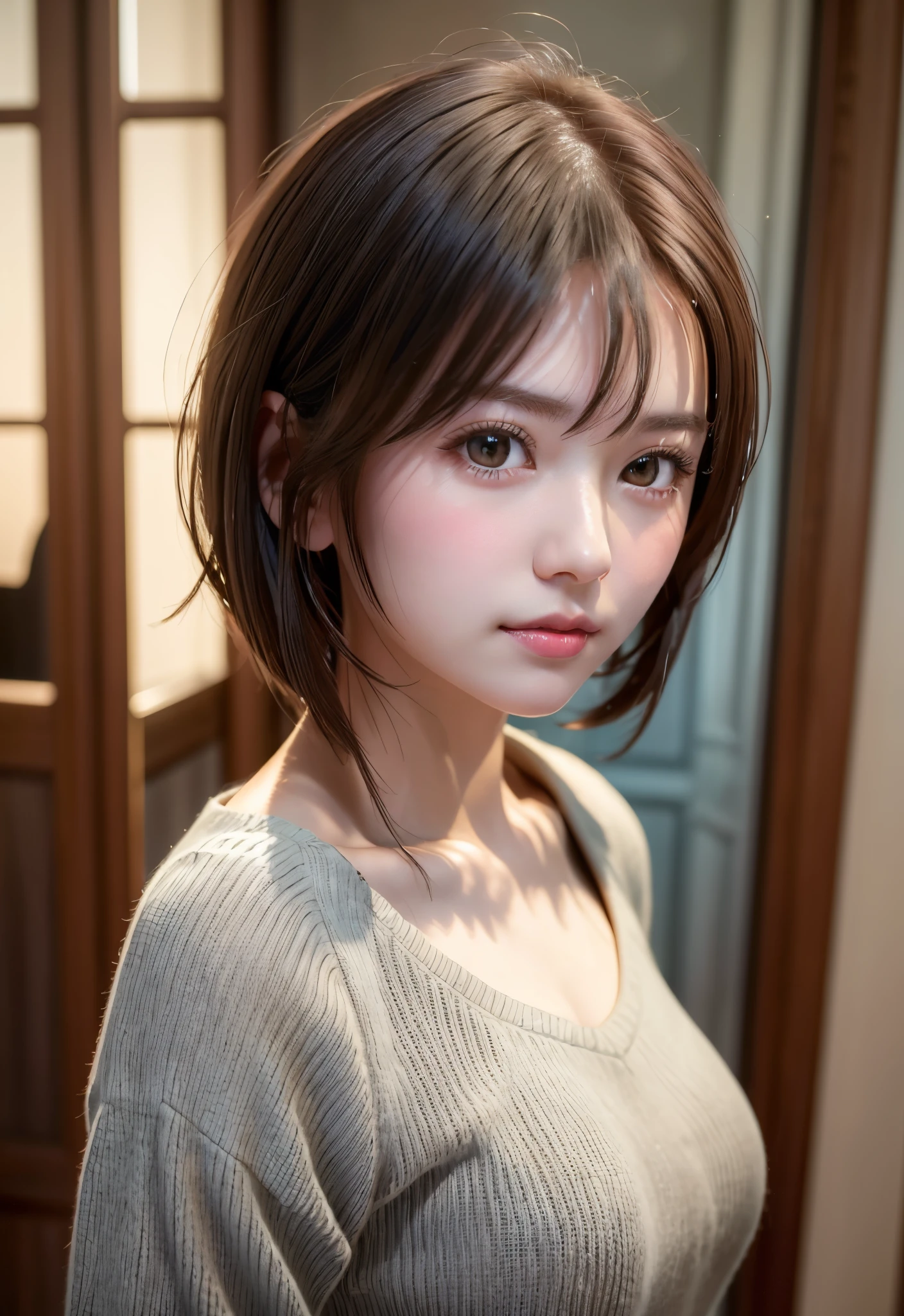 Summer knit with short hair and white, summer knit, Short hair, short hair with bangs, Cute face girl, Cute little face in portrait, French Bob, pale fair skin!!, short brown haired, soft portrait shot 8 k, beatiful lights, Beautiful young girl, Young girl in a bob cut, Top image quality, masutepiece,