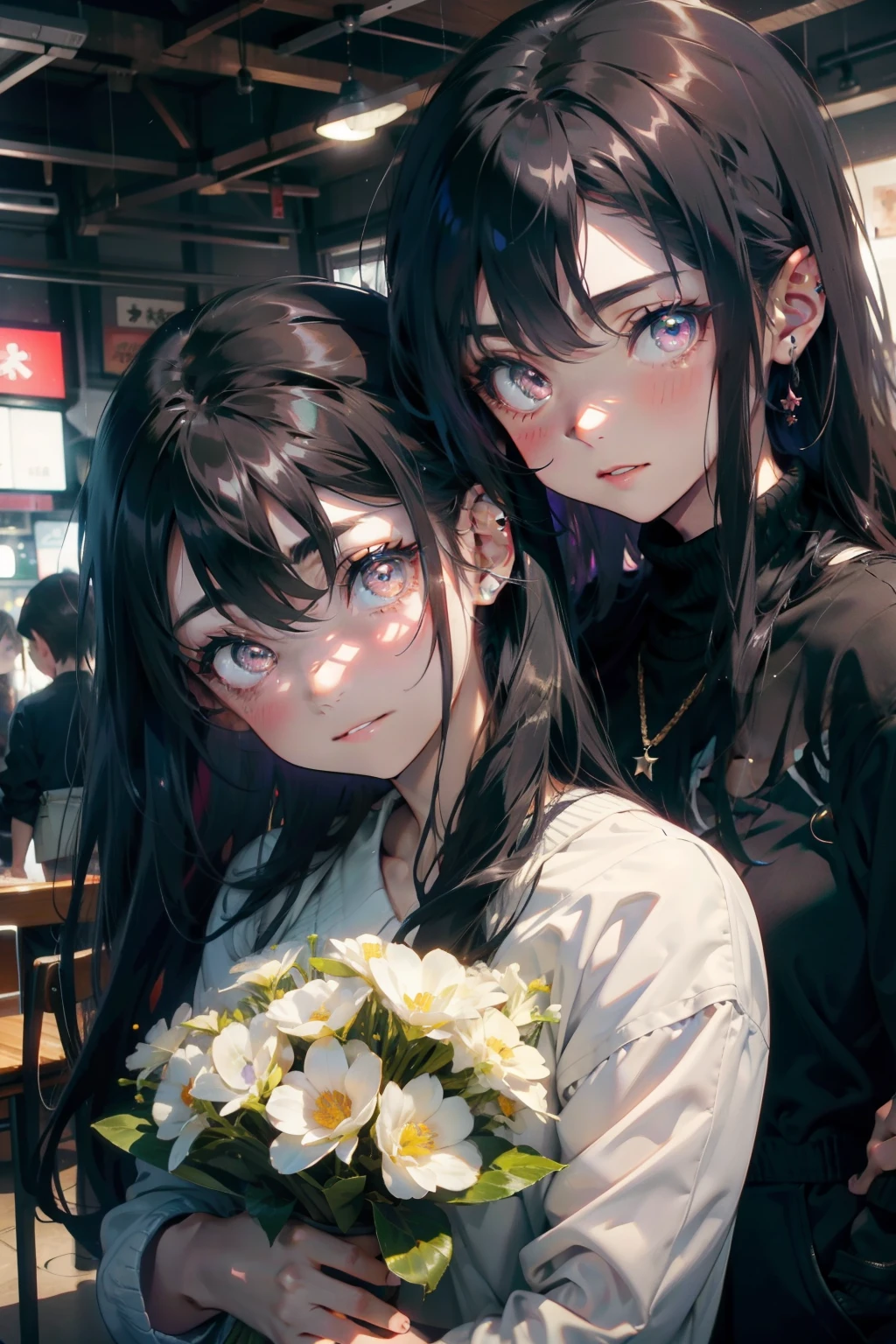 Anime girl with long black hair holding flowers and a guy with long black  hair - SeaArt AI