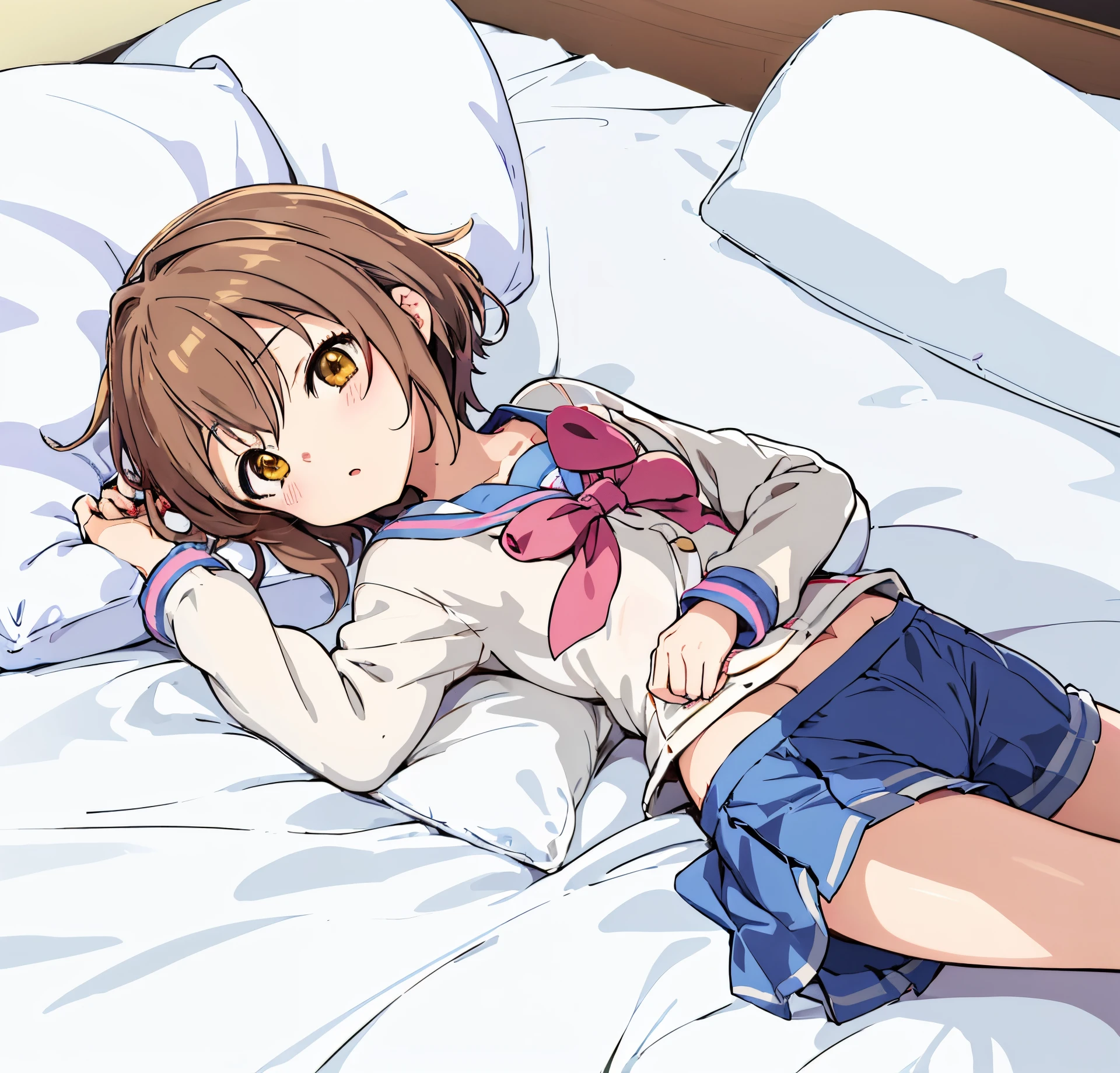 Anime girl laying on a bed with her arms crossed - SeaArt AI