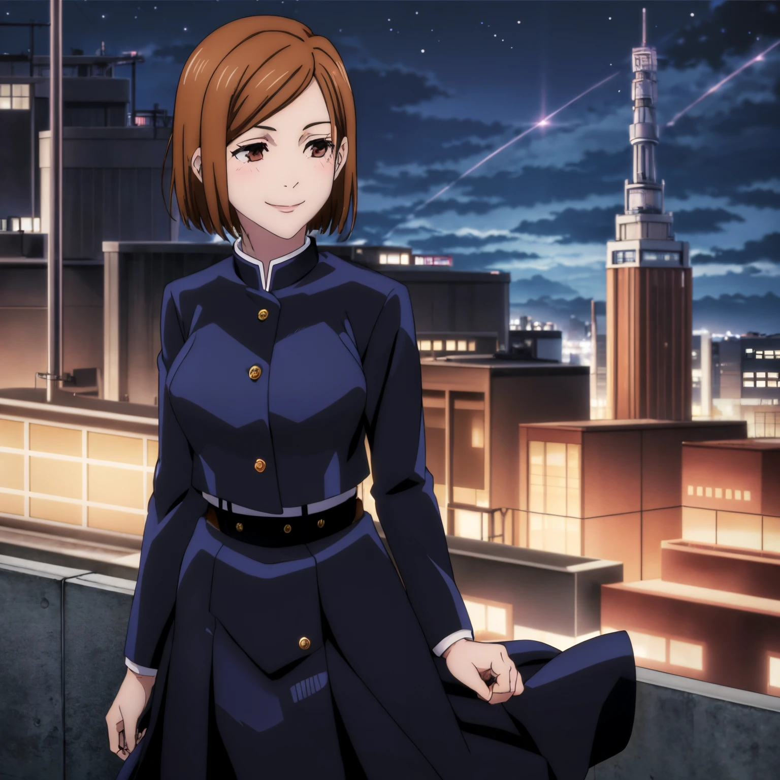 masterpiece,high quality,solo,
NobaraKugisaki,1girl,
gakuran,cropped jacket,
belt,high-waist skirt,
blush,looking up,closed mouth,smile,scene reference,looking to the side,parody,
city,night,rooftop,city lights,