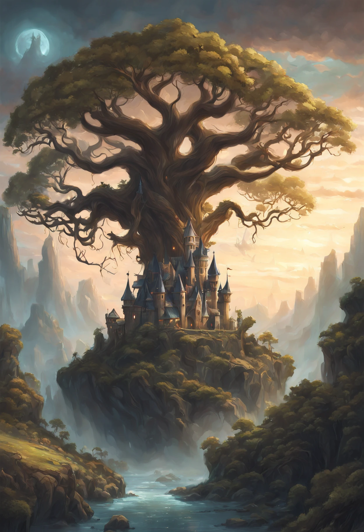 positive prompt:
Générez un concept artistique fantastique à couper le souffle et éthéré mettant en scène les profondeurs d&#39;un ancien arbre noueux., avec ses branches tordues qui s&#39;étendent pour embrasser un magnifique château de fées céleste enchanté niché parmi elles, la faible lumière étrange projetée par le château devrait éclairer à la fois l&#39;arbre corrompu et ses environs sombres., créant une atmosphère menaçante mais captivante. Mettre l&#39;accent sur le style pictural d&#39;Andreas Rocha et H.p. Lovecraft pour insuffler à cette œuvre d&#39;art un sentiment d&#39;un autre monde et de mystère. Assurez-vous que chaque élément de ce chef-d&#39;œuvre est rendu avec une qualité ultra-réaliste et des textures très détaillées pour un réalisme maximal., ce qui le rend parfait comme pochette ou simplement comme œuvre d&#39;art fantastique épique..