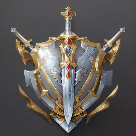 (tmasterpiece, top-quality, Best quality, offcial art, Beauty and aesthetics:1.2), (8K, Best quality, tmasterpiece:1.2),A shield, simple，The sword，arma，badges，Metallic，armour，tiara crown，Symmetrical geometry，symmetric beauty，Two-dimensional style，with blac...
