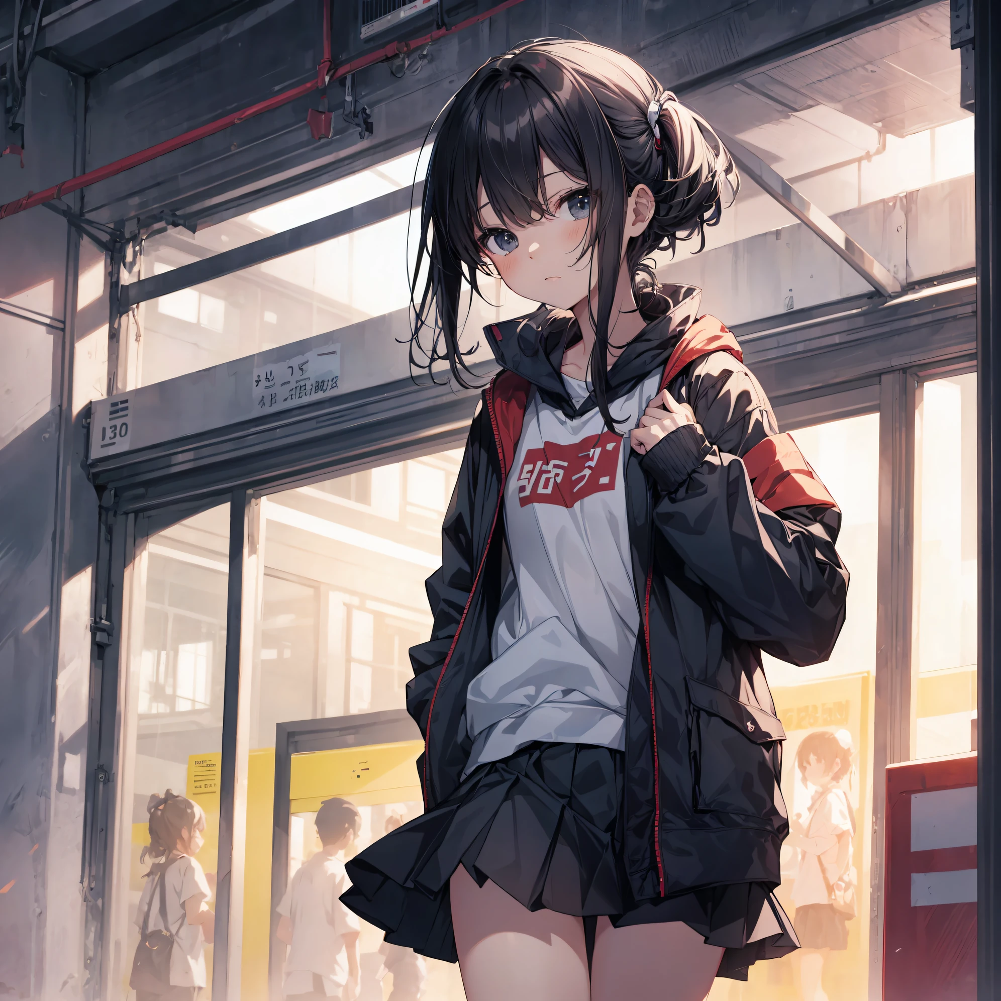 of the highest quality, anime moe art style,Best Anime 8K Konachan Wallpapers,Pixiv Contest Winner,Badass Anime 8K,Perfect Anatomy, (Draw a girl sleepily walking to school. ),BREAK, 1girl in, (Solo,Lori,child,13years:1.3),a junior high school student, Androgynous attraction, (Very short hair),hair messy, Full limbs, complete fingers,flat chest, Small butt, groin, Small eyes,Precise black eyes,disgusted eye, School uniform, Skirt,On the way to school. BREAK,Ultra-detailed,High resolution,super detailed skin, Professional Lighting,8k eye details, (cool illustration:1.2),