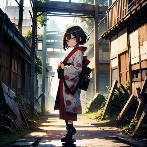 GeGeGe no Kitaro, Neko Musume,kimono,solo,ruins background