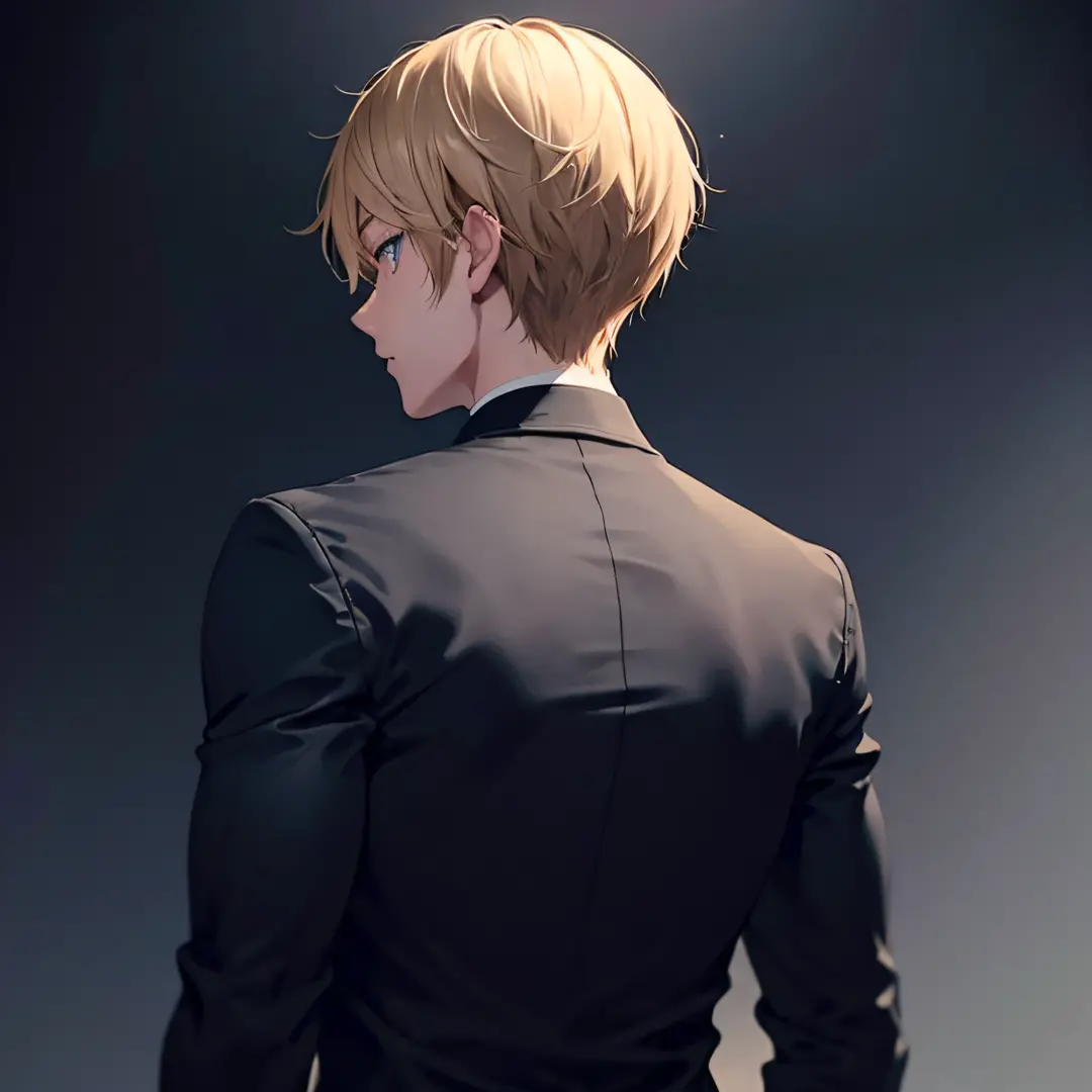 man,short blond hair,blue eye,black suit,black shirt,soft lighting, volumetric lighting, intricate details, hyper detailed,(extr...