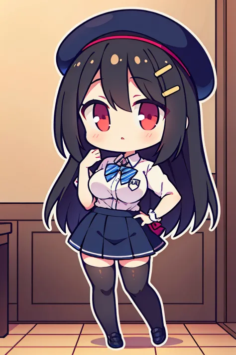 an anime girl, 1 person, black hair, hair clip on the right side of her bangs,hat, light red eyes, white women's shirt, small light blue bow on the chest, office uniform, shirt  close-fitting, tight skirt, stockings,chibi,full body, big breasts, front view...