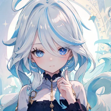 masterpiece, best quality, 1girl, furina, genshin impact, white hair, blue hair, cute, tear shaped pupils