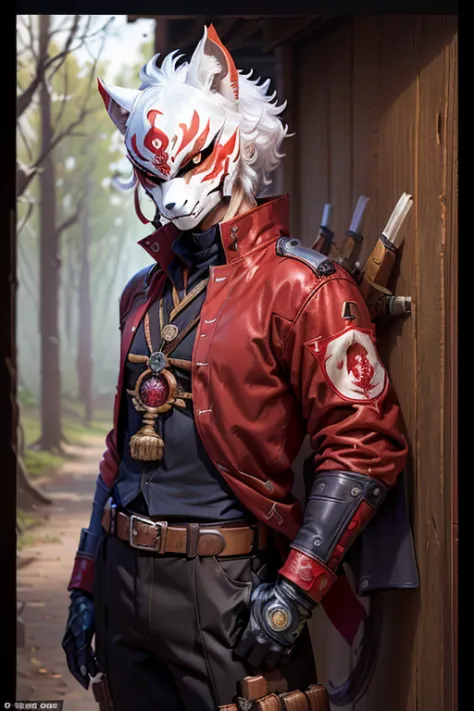 kitsune mask, a man wearing a full-cover kitsune mask on face and wears a red jacket over his black shirt, with brown pants that...