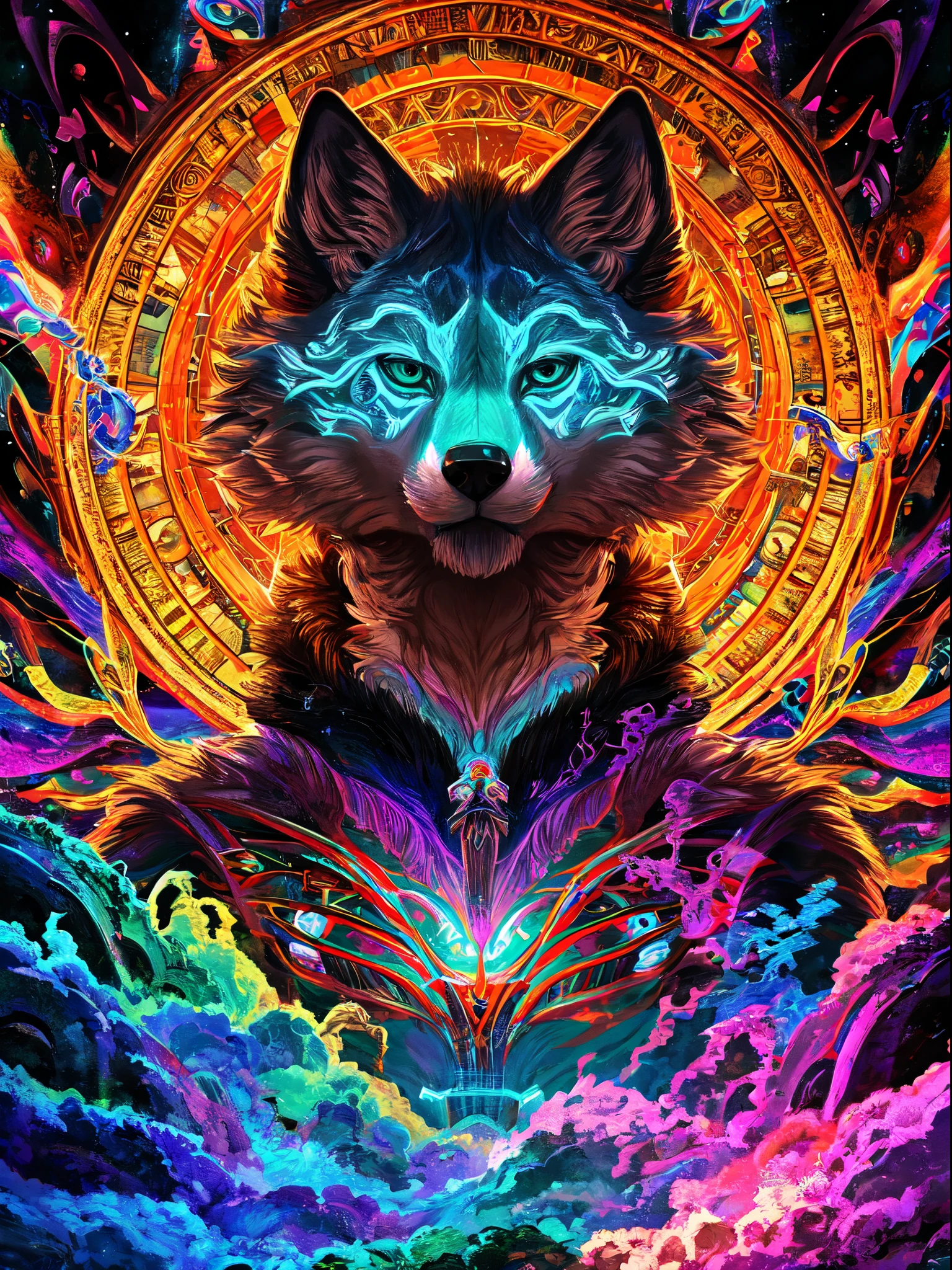 A wolf with glowing eyes and a psychedelic pattern on its face - SeaArt AI