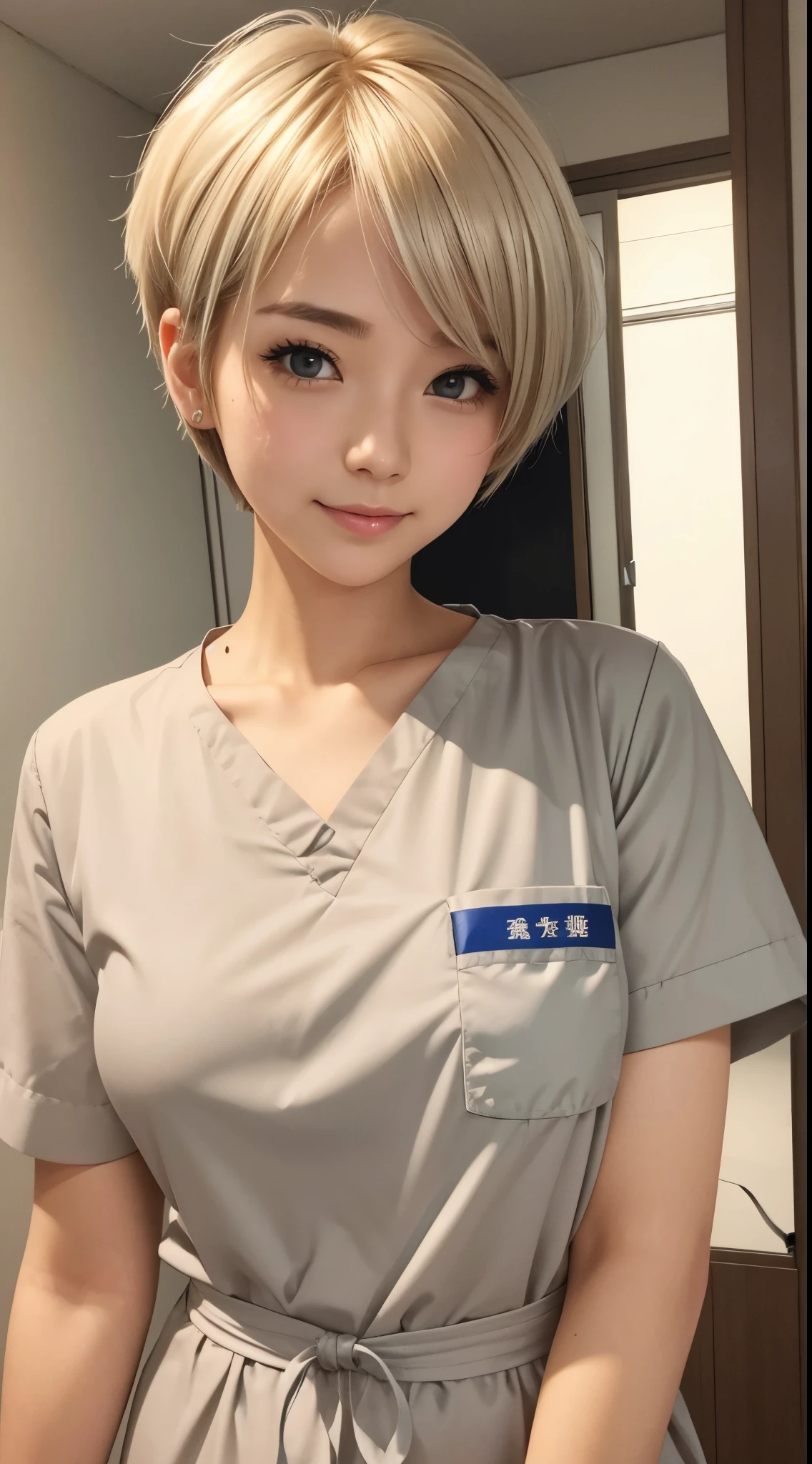 她是一位可爱的护士。金色的頭髮、銀色短髮、