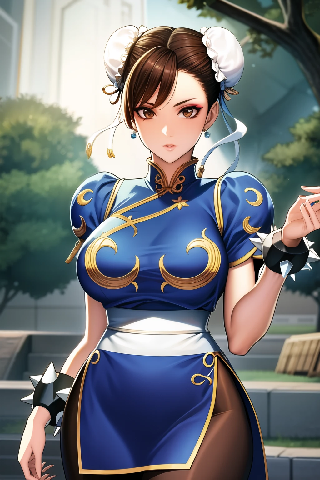 perfect eyes:1.2, detailed eyes:1.4, ChunLi, eyeshadow, makeup, white belt, qipao, nature, tree, brown eyes, short hair, brown hair, double bun, bun cover, blue dress, pelvic curtain, spiked bracelet, sash, brown pantyhose, cowboy shot, 1girl, solo, (masterpiece:1.6, best quality), 8k, insane details, intricate details, hyperdetailed, hyper quality, high detail, ultra detailed, professional, HDR, ray tracing reflection, cinematic lighting,