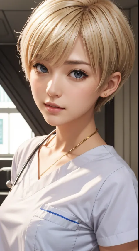 she is a cute nurse。golden hair、silver short cut hair、