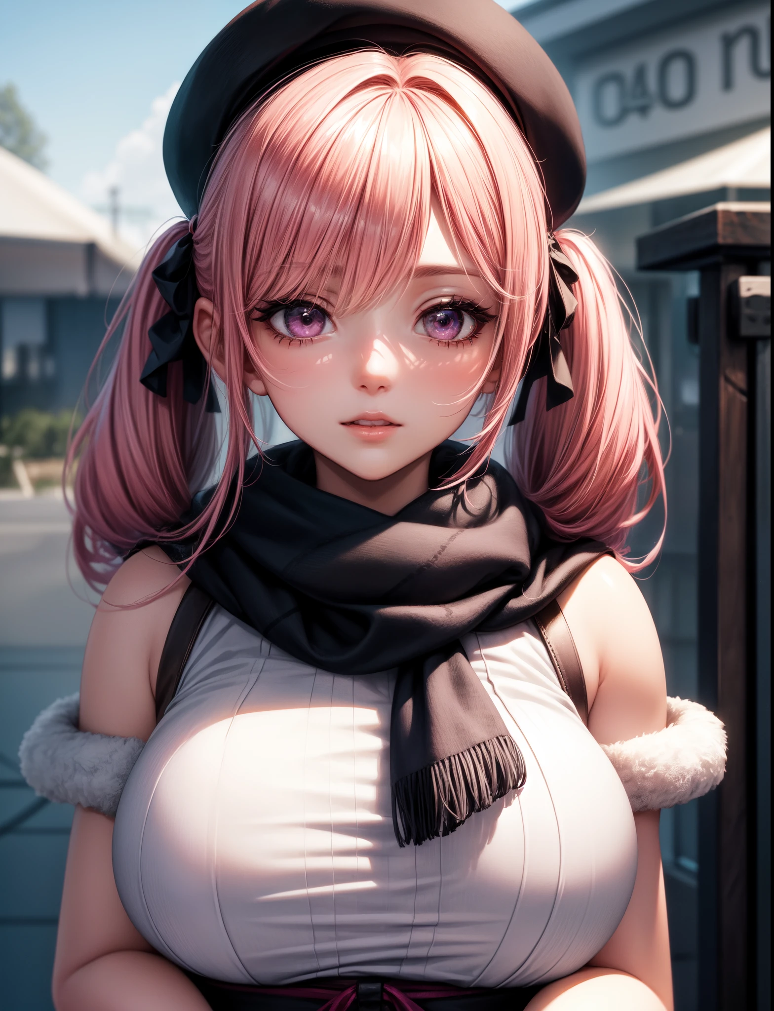 4k,  ,Lens flare, pink hair ,mascara, eyeliner, god rays, 4k, 8k, best quality, masterpiece, hyper detailed, intricate detail, 1boy, 1 girl,  detailed, Detailed fuchsia hair ++, detailed pink eyes ++,  raytracing, perfect shadow, highres, enhanced eyes,  huge breasts,  seductive,  hyper detailed, beret, trendy outfit, scarf, fluffy, winter, twin tails, fluffy