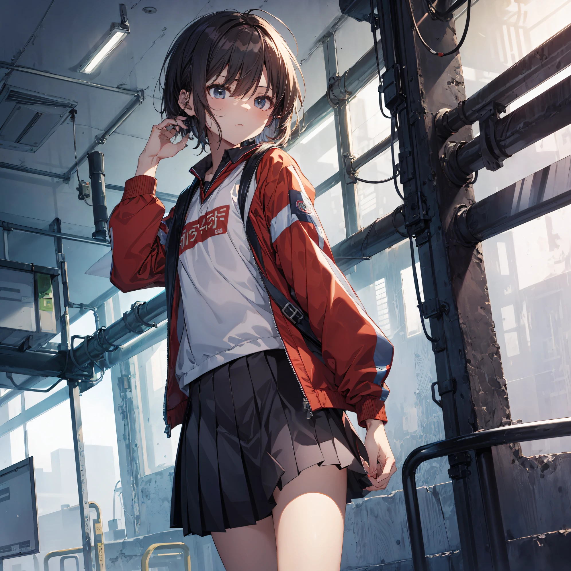 of the highest quality, anime moe art style,Best Anime 8K Konachan Wallpapers,Pixiv Contest Winner,Badass Anime 8K,Perfect Anatomy, (Draw a girl sleepily walking to school. ),BREAK, 1girl in, (Solo,Lori,child,13years:1.3),a junior high school student, Androgynous attraction, (Very short hair),hair messy, Full limbs, complete fingers,flat chest, Small butt, groin, Small eyes,Precise black eyes,disgusted eye, School uniform, Skirt,On the way to school. BREAK,Ultra-detailed,High resolution,super detailed skin, Professional Lighting,8k eye details, (cool illustration:1.2),