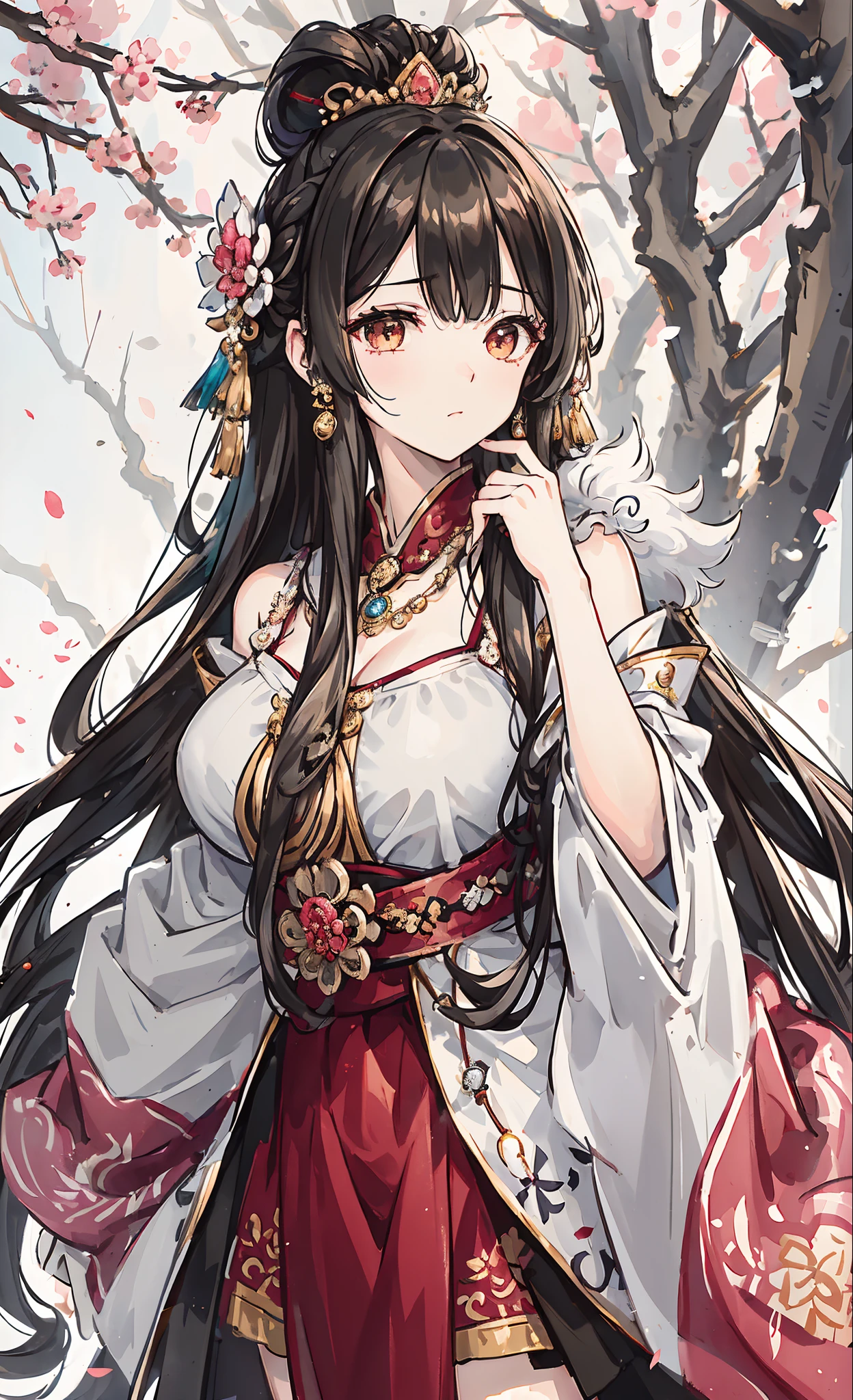 (tmasterpiece:1.2),Atdan, 1 plump girl, Alone, Branch, blossom flower, jewely, a skirt, ear nipple ring, that tree, through bangs, Long gray hair, hair adornments, view the viewer, Chinese clothes, black hair color hair, hairflower, Brown hair, exposed bare shoulders, Very long hair, Wide sleeves, longer sleeves