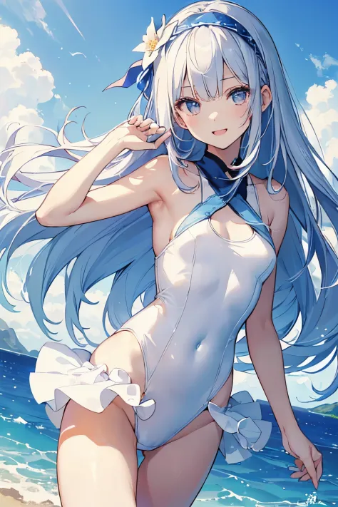 ((2D beautiful girl、top-quality、Perfect Finger 1.3、Perfect Anatomy 1.3、extremely delicate and beautiful illustration))、(Blur the background：1.2、cute petit girl、(transform sequence)、((White and blue swimsuit))、14years、a junior high school student、Slender be...