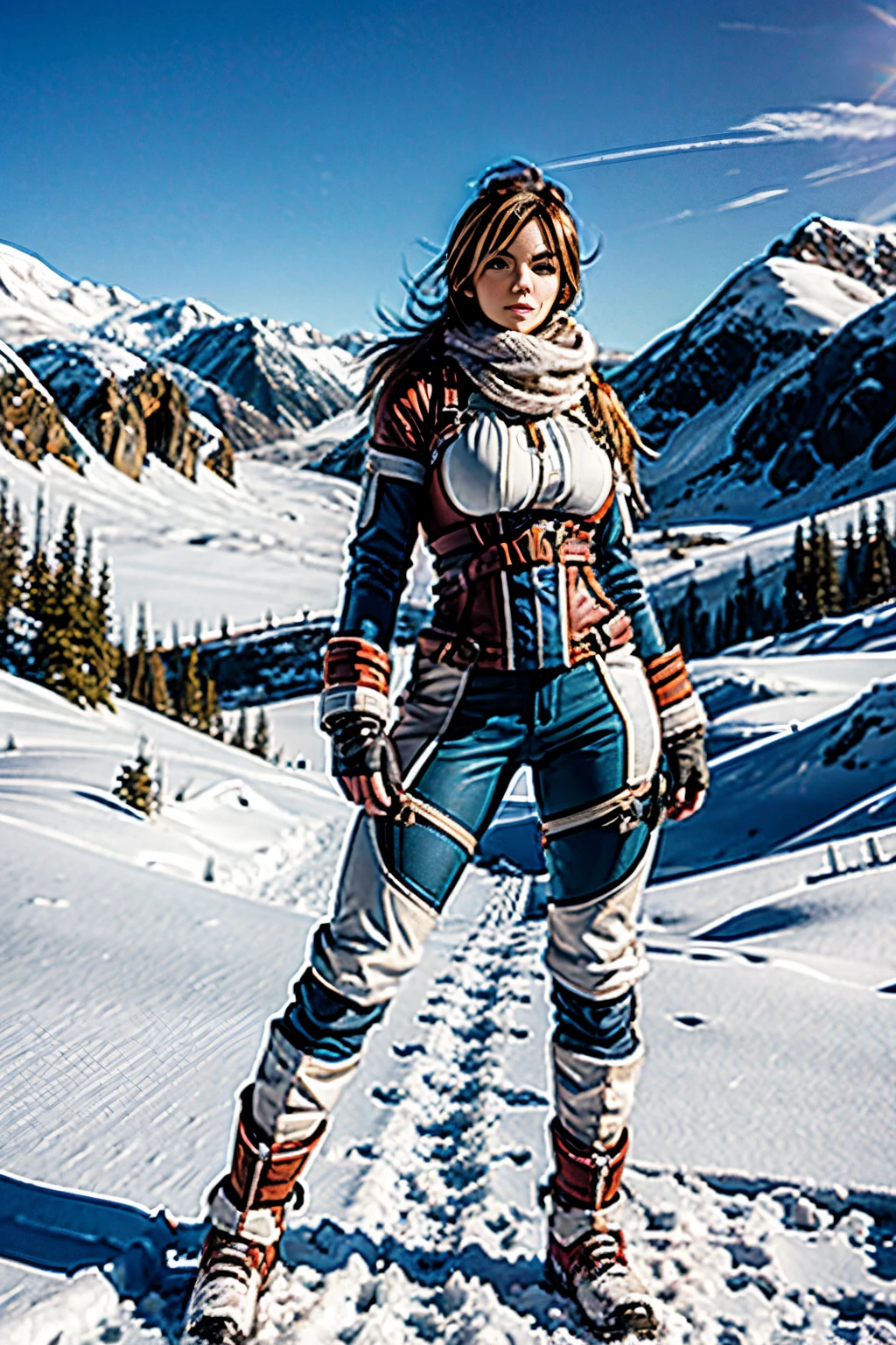 female Adventurer, photogenic pose, snowy field, full body shot, giga-busty --ar 2:3