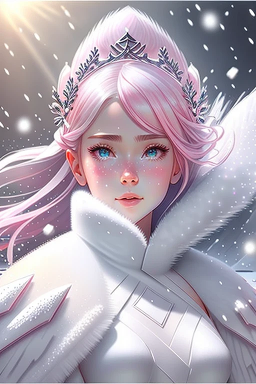 accurate drawing, snow blizzard snowstorm aura, female, body perfect, sunlight, shaved open pubis, haircut white hairs, a lot of snowflakes, in the snow ice crystalls, super detailed, anatomically correct, masterpiece symmetrical composition, face perfect cute woman sweet beautifull, wearing white fur cloak, thick white vapor fog smoke clouds wind, white skin, bright pink cheek blush, front view, fullbody, snowflakes crown, wearing crystal transparent