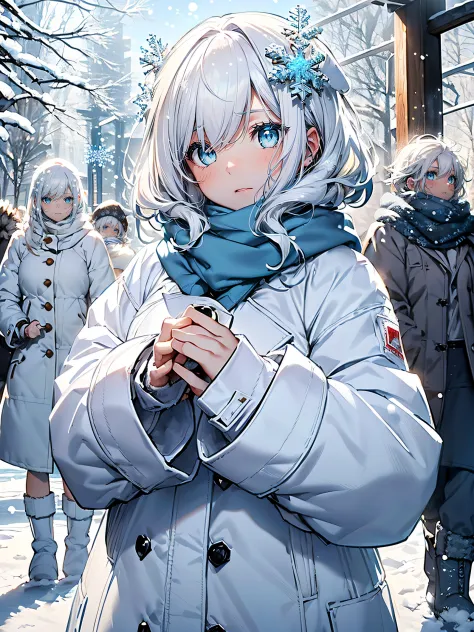 (Snow Girl:1.2), (snowflake white hair:1.4), ((Blue eyes, cold and beautiful):1.5), ((White coat, fluffy and warm):1.2), (blue s...