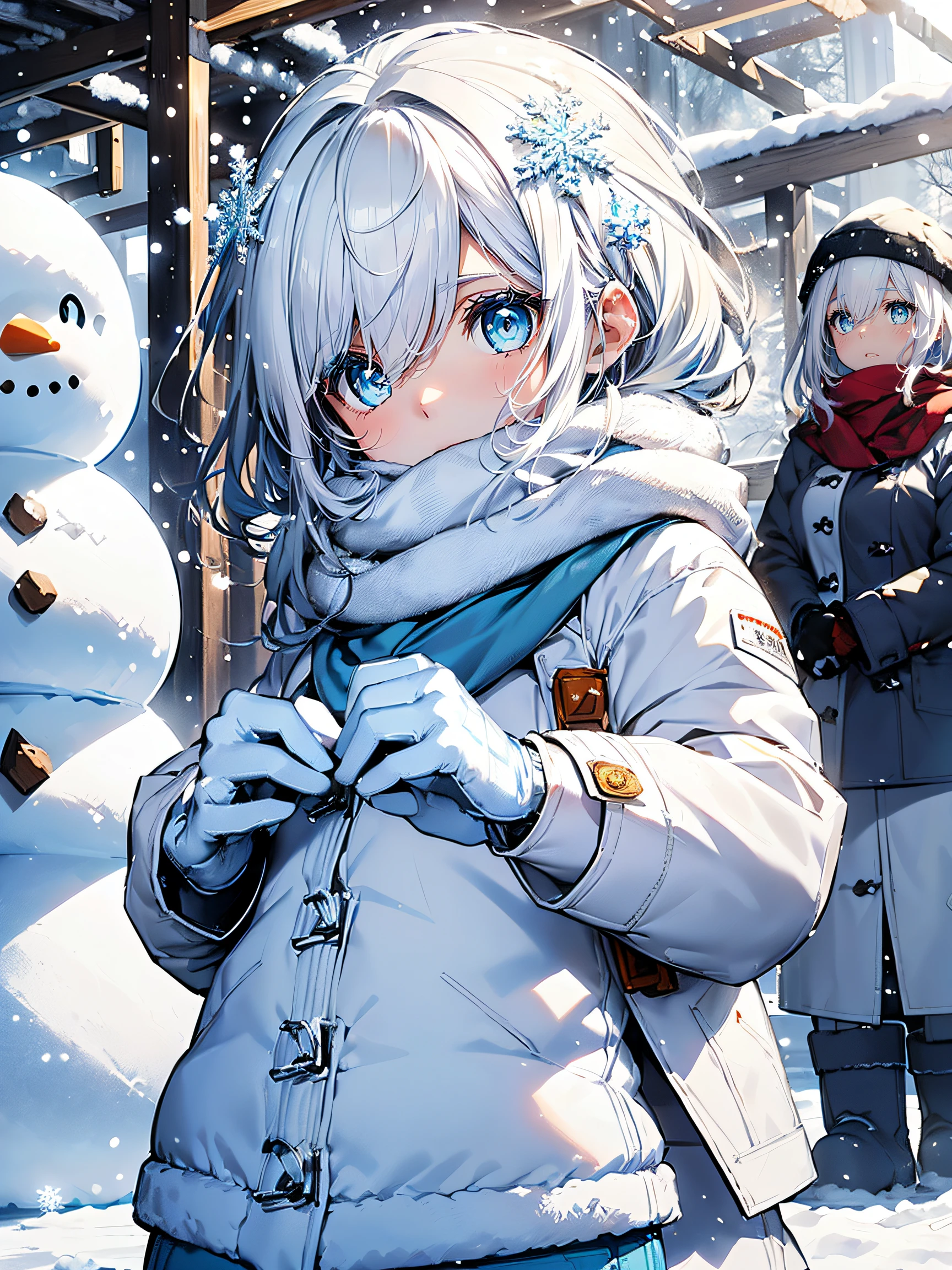 (Snow Girl:1.2), (snowflake white hair:1.4), ((Blue eyes, cold and beautiful):1.5), ((White coat, fluffy and warm):1.2), (blue scarf:1.3), (Snow boots:1.3), (snowman:1.2)