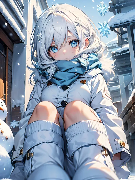 (Snow Girl:1.2), (snowflake white hair:1.4), ((Blue eyes, cold and beautiful):1.5), ((White coat, fluffy and warm):1.2), (blue s...