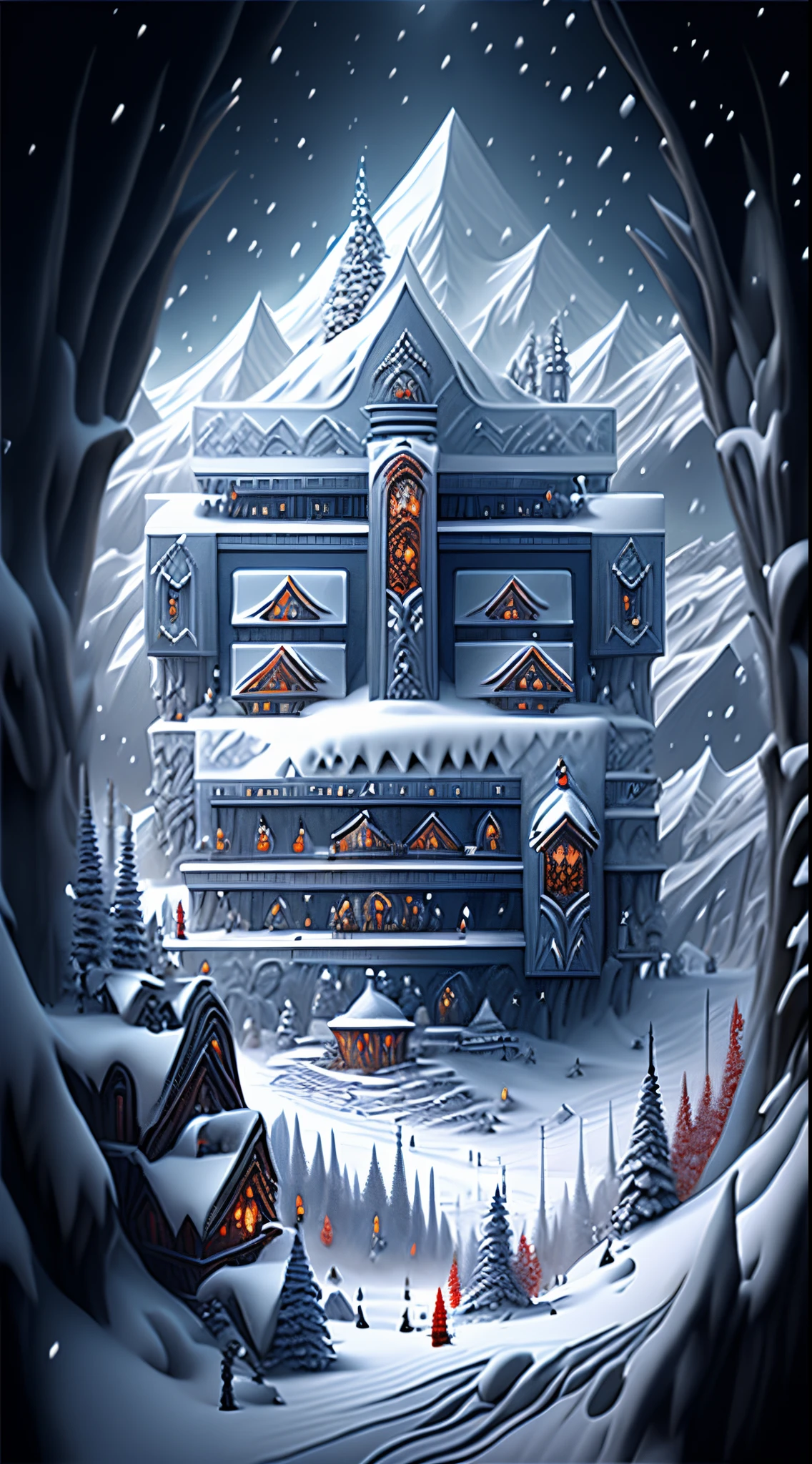 （Huge snowy mountains），（Blizzarding），Fantasyart，Surreal，,the ultra-detailed,