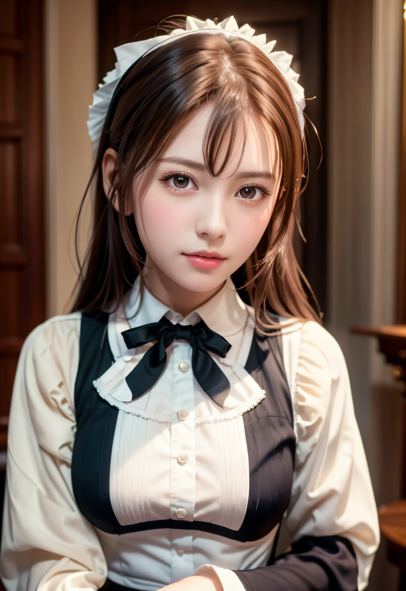 8K, of the highest quality, masutepiece:1.2), (Realistic, Photorealsitic:1.37), of the highest quality, masutepiece, Beautiful young woman, Pensive expression,、A charming、and an inviting look, Cute Maid Clothes, Hair tied back, Cinematic background, Light skin tone