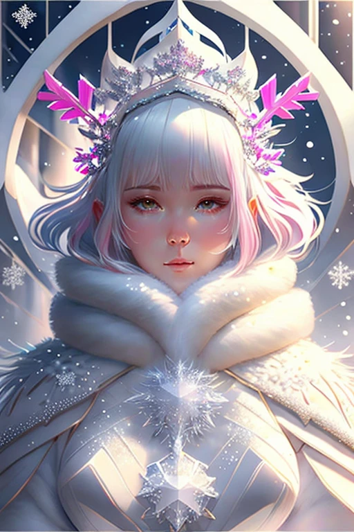 accurate drawing, snow blizzard snowstorm aura, female, fullbody, body perfect, sunlight, shaved open pubis, haircut white hairs, a lot of snowflakes, in the snow ice crystalls, super detailed, anatomically correct, masterpiece symmetrical composition, face perfect cute woman sweet beautifull, wearing white fur cloak, thick white vapor fog smoke clouds wind, white skin, bright pink cheek blush, front view, snowflakes crown, wearing crystal transparent