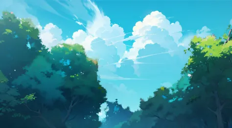 (ghibli style background illustration), tree leafs, sky and clouds, day time,