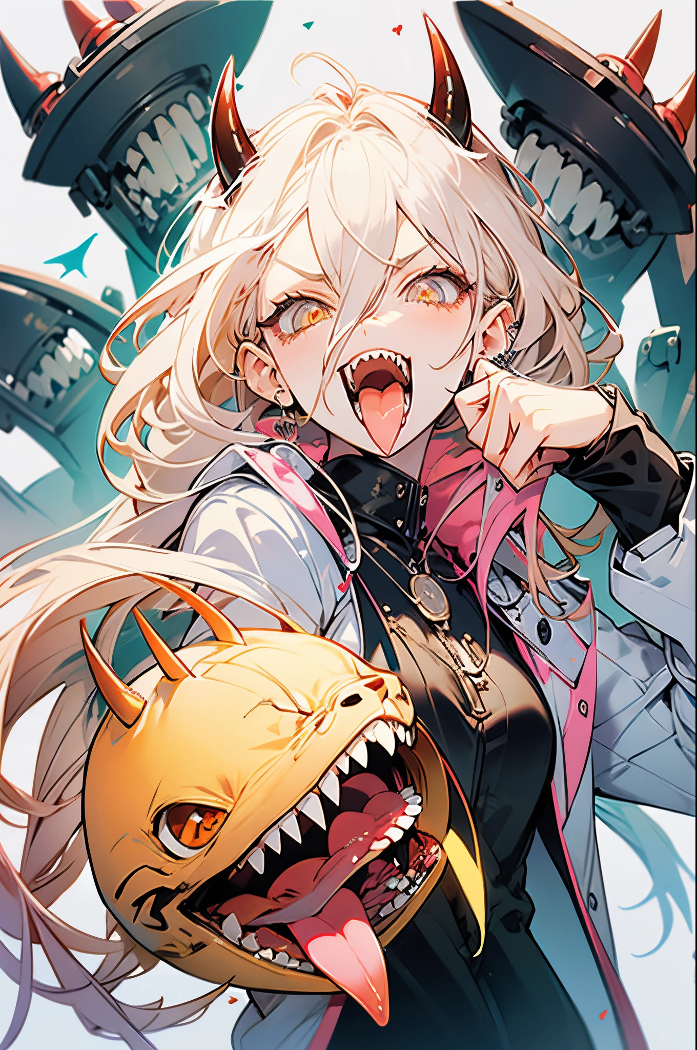 (masterpiece:1.2), best quality,PIXIV,Rebellious girl,portrait, 
1girl, solo, tongue, power, power from chainsawman, blonde hair, yellow eyes, default_cloth, cross-shaped pupils, smirk, sharp teeth, blue jacket, collared shirt, black necktie, black pants, detailed face, detailed eye, detailed hair, detailed outfit, 2 red horns, looking at viewer, open mouth, tongue out, upper body, claw pose, simple background, smile, heart, open clothes, white background,