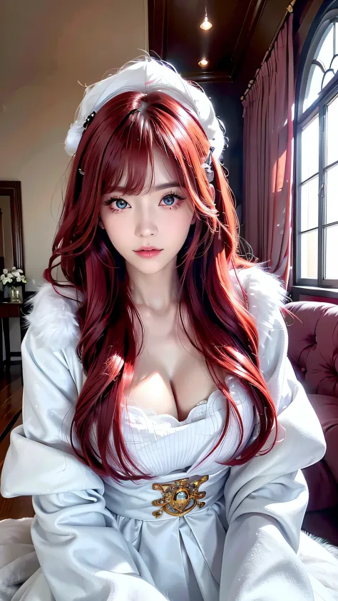 ((An arafe woman wearing a pure white fluffy fur coat)), (aesthetic cute with flutter:1.4), (long red hair), beautiful aesthetic face, Popular makeup, Aesthetic Face,  with professional makeup, kawaii realistic portrait, sexy face with full makeup, ,Lookin...