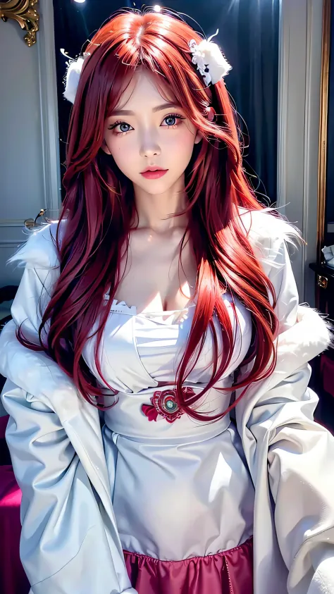((A woman wearing a white fluffy fur coat))、36-years old、 (aesthetic cute with flutter:1.4), (long red hair), beautiful aestheti...