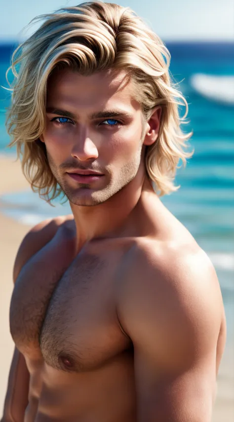 Cinematic soft lighting illuminates a stunningly detailed and ultra-realistic handsome Greek male supermodel, beach look, ultra ...