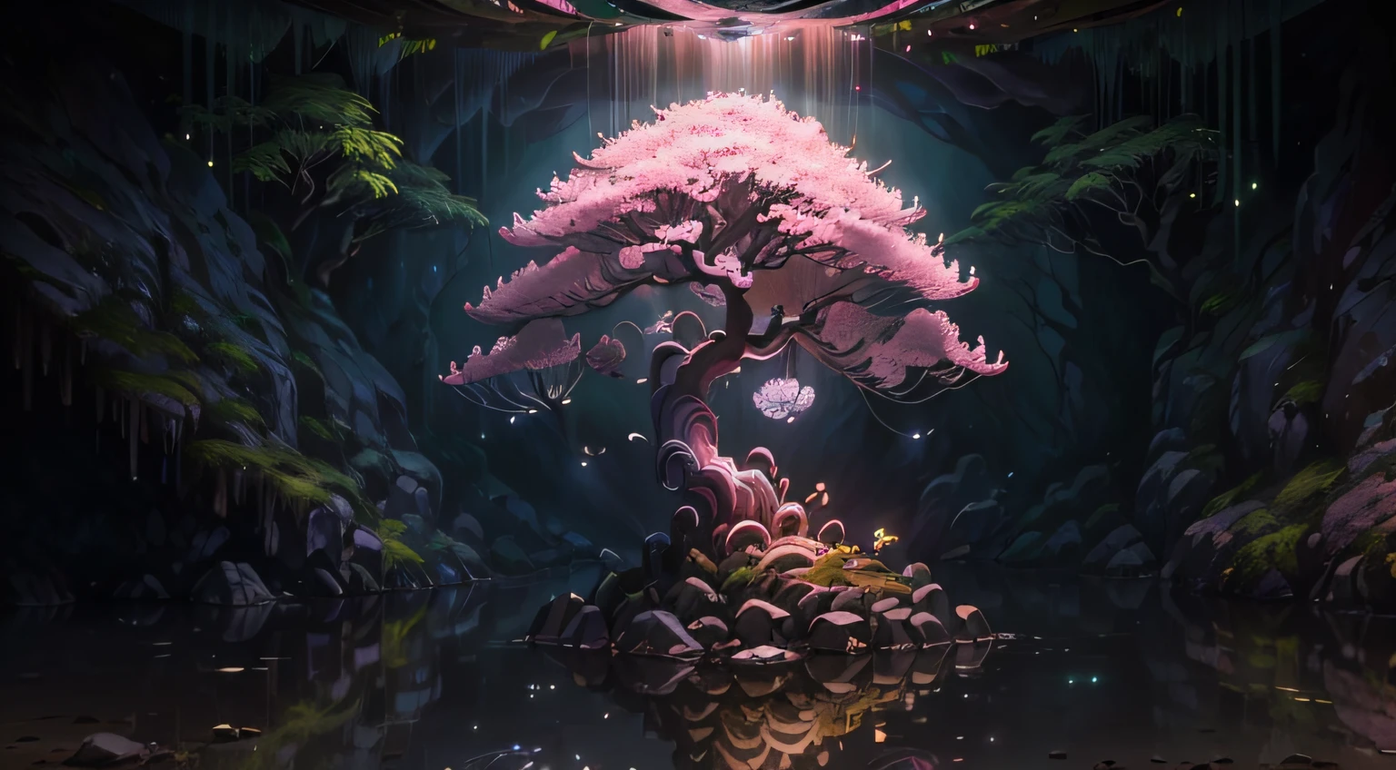 (best quality,4K,8k,highres,master part:1.2),ultra detali,Realistic, HDR, Mystical cherry blossom tree in a cave, illuminated by a burka on the ceiling, magic light, bright flowers of power, swirly vibrant colors, cherry, magical ambiance, luminous flowers, mystical glow, Detailed tree branches, ethereal beauty, enchanting cave, soft sunlight, delicate petals, surreal painting style, dreamlike scenery, Hidden oasis, Supernatural aura, serene and peaceful, fairytale-like, Captivating and charming, Cinematic lighting, bright reflections in the water, magic glow from the hole in the ceiling, mysterious shadows, surreal and magical environment, glowing with magic, pure tree, Cinema lighting, focus on the illuminated tree, flowers shining pink