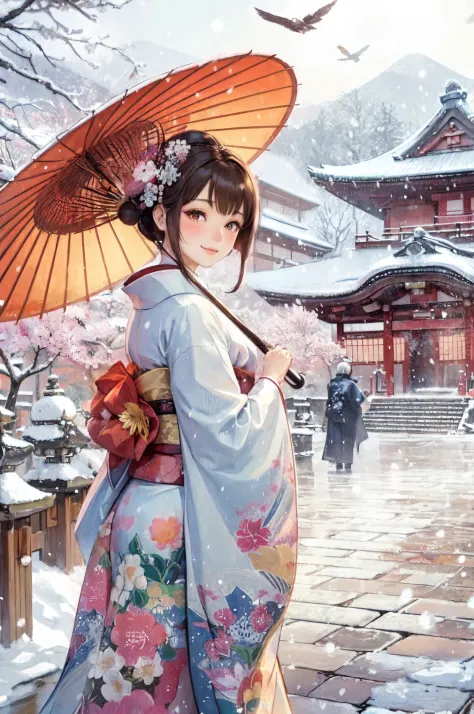 1lady standing, /(elegant kimono/), mature female, /(brown hair/) bangs, blush light smile, (masterpiece best quality:1.2) delicate illustration ultra-detailed BREAK holding a (Japanese umbrella) BREAK /(Japanese temple blanketed in snow/) Kyoto, (falling ...
