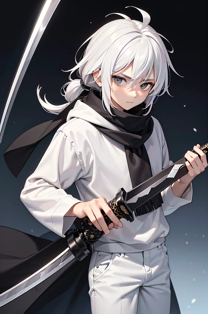 ((masterpiece,bestquality)),A 16 year old young man with white hair., long, Messy hair was tied back., timid, Black doomsday style long sleeve shirt., bandana, and white trousers. Looks tired and lazy, Cold Page, Relaxed expression. white effect ((The weapon is a large sword.. The blade had a dark black aura..))