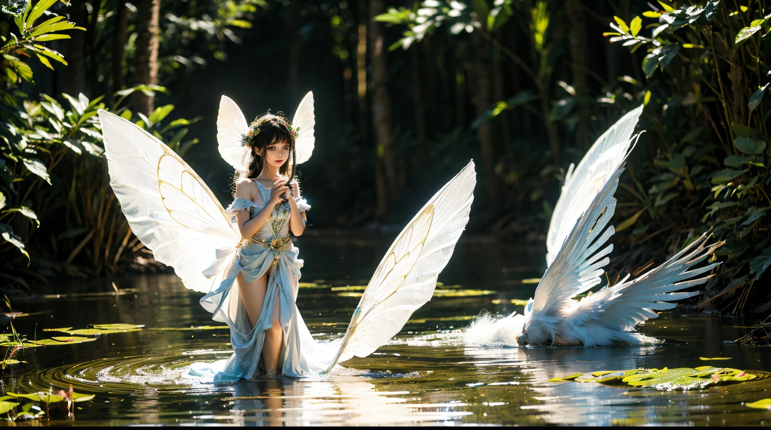 "encantador &cotação;Fada das Flores&cotação; representadas em bosques imaculados e mágicos，lagoa perto da cachoeira, Flores delicadas e vibrantes adornaram seu vestido esvoaçante. Fadas têm uma beleza sobrenatural，Tem asas etéreas, Sua postura graciosa exala maravilha e magia. Faz as cores ganharem vida，Cria uma atmosfera vívida e de sonho, Banhada pela luz suave do sol e grãos de pólen cintilantes. Crie uma obra-prima，Capturing the essence of nature’s charm and the mysterious presence of the “Fada das Flores”."