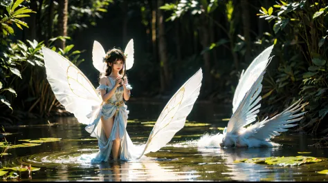 "Charming &quot;Flower Fairy&quot; depicted in pristine and magical woodlands，pond near waterfall, Delicate and vibrant flowers ...