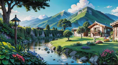 Illustration of mountain villas, cachoeiras no quintal, uma linda trilha de tijolos conduzem a um lindo jardim florido,  um belo jardim gramado,  amazing nevens, birds draw the skies