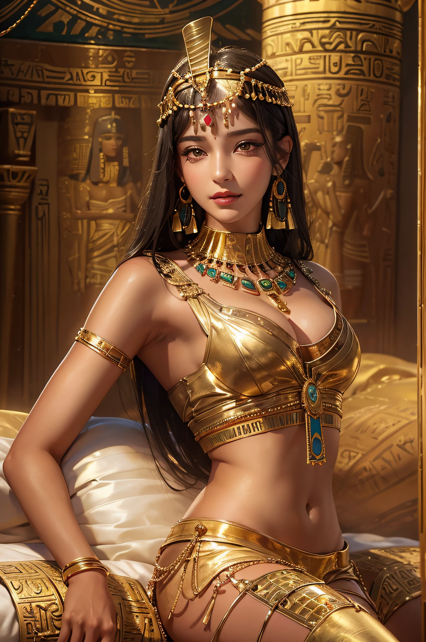 Sexy mature Cleopatra,Cleopatra,Ancient Egyptian palace,wearing ancient egyptian clothing,Ancient Egyptian decorated rooms,Ancient egyptian arranged background,Lie on the big bed(An extremely delicate and beautiful work:1.2)a very beautiful and sexy woman, Sexy and seductive, Have perfect body proportions,Tight and sexy body(Bigboobs)Perfect body curves,Moisturizes skin,clear skin texture,moist skin feeling(Advanced skin details:1.1)attractive smile,Flawless Face,black long straight hair,clear hair texture,Delicate hair(Quality hair details:1.1)egyptian dancer costume,Beautiful and delicate eyebrows and eyelashes,pretty eye makeup,Clear eye details,8K primary school students(Advanced eye detail:1.1)sensual lips(Perfect lip shape)(seduct smile) The optimal ratio of four fingers and one thumb,Wearing gold earrings,golden necklace,Golden bangles,Gold anklet,Gold-tone waist chain,headgear,Gold foil series,Cleopatra series,Master of photography,Perfect masterpiece,Best Picture Quality,ultra - detailed, Ultra-high resolution, realistically, RAW photos