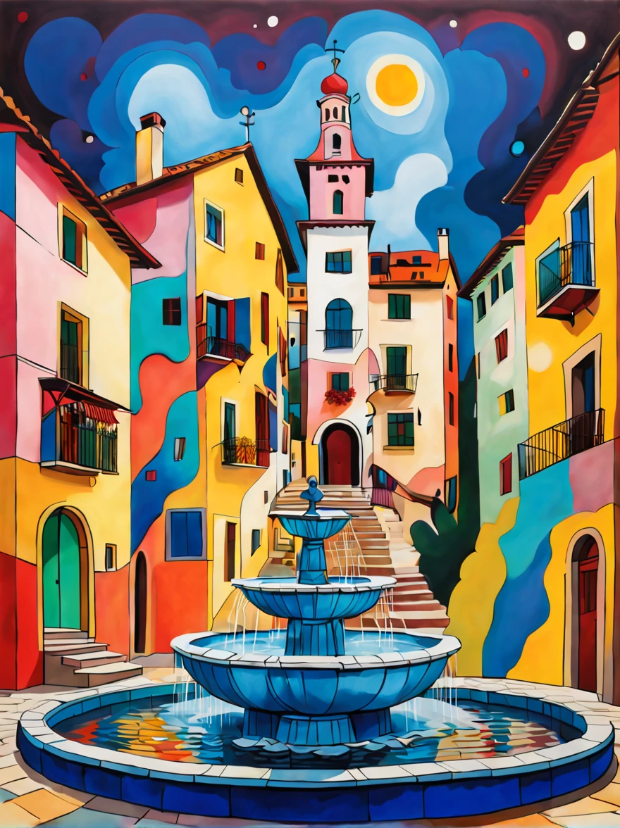 The fountain, Kandinsky style, in the Picasso style, iintricate, extremly high detail