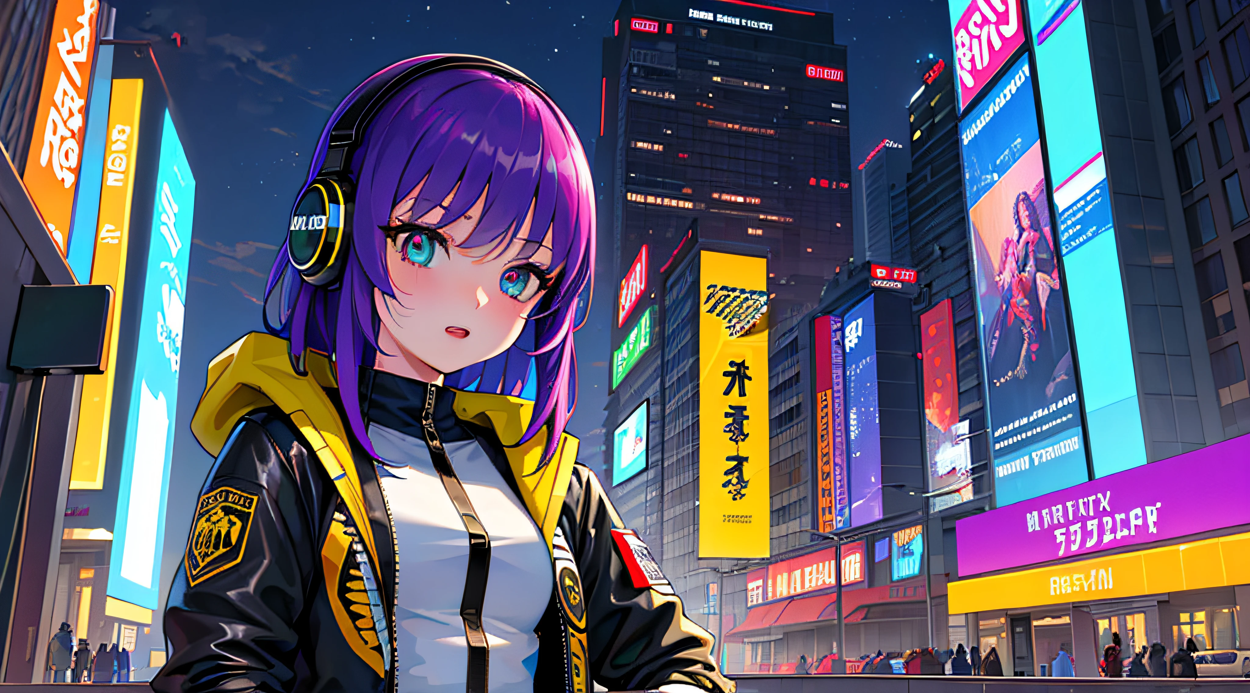 (masterpiece, top quality, best quality, extreme detailed, highest detailed, official art, beautiful and aesthetic:1.2), colorful, (finely detailed eyes:1.1), beautiful face, perfect body, 1girl, solo, night city, urban city, laterns, street, black | yellow bomber jacket, (neon lights:1.1), small breasts, upper body, sfw, stars, (headphone:1.1), (cyberpunk:1.1), (science fiction:1.1)