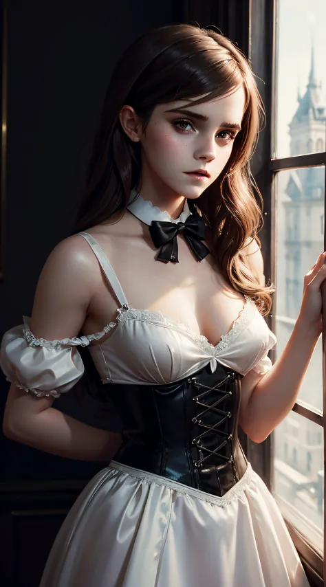 Emma Watson, french maid sexy clothes, character portrait, 4 9 9 0 s, long hair, intricate, elegant, highly detailed, digital pa...