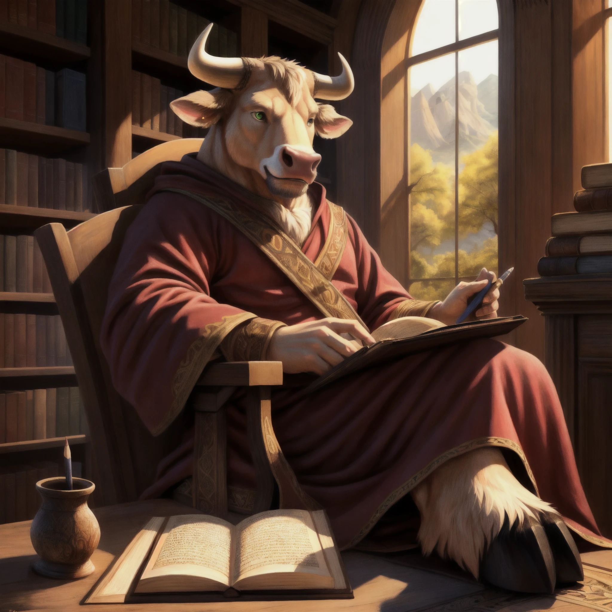 an anthro bull writing on parchment with a quill pen within a library, ((nj5furry, solo, sitting in chair, looking down, masterpiece, anthro, male, bull-face, medium-length horns, tan colored horns: 1.5, bovine tail: 1.2, muscled body, hooves, tan colored hooves: 1.2, two-tone fur, detailed fur, brown and white furred body, small leather satchel)), calm expression, (green eyes, (loose medieval tan drawstring pants: 1.4, loose medieval red robes: 1.4, quill pen, inkwell, desktop, parchment paper with writing)), library background, mage halls background, (animals: 0.0, people: 0.0), best quality,4k,8k,highres,masterpiece:1.2), ultra-detailed,(realistic,photorealistic,photo-realistic:1.37),drawn with colored pencils, richly detailed, traditional style landscapes, scenic beauty, beautifully detailed books, fine textures, soft and vibrant colors, sunlit atmosphere, tranquil and peaceful ambiance, impressionistic brush strokes, focus on foreground and background, depth and perspective, ethereal lighting effects, close-up camera angle